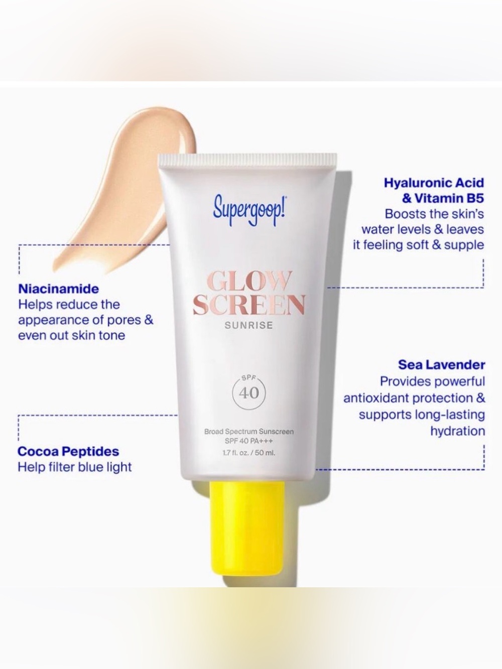 Supergoop! Glow Screen Sunrise spf 40 Hyaluronic Niacinamide peptides NIB